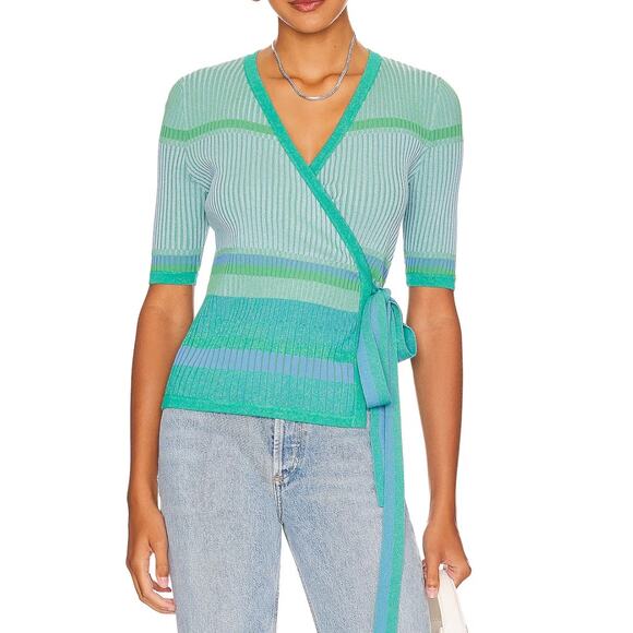 Diane Von Furstenberg Sweaters - Diane von Furstenberg Lyric Wrap Sweater Womens Small Stripe Cloud Turquoise